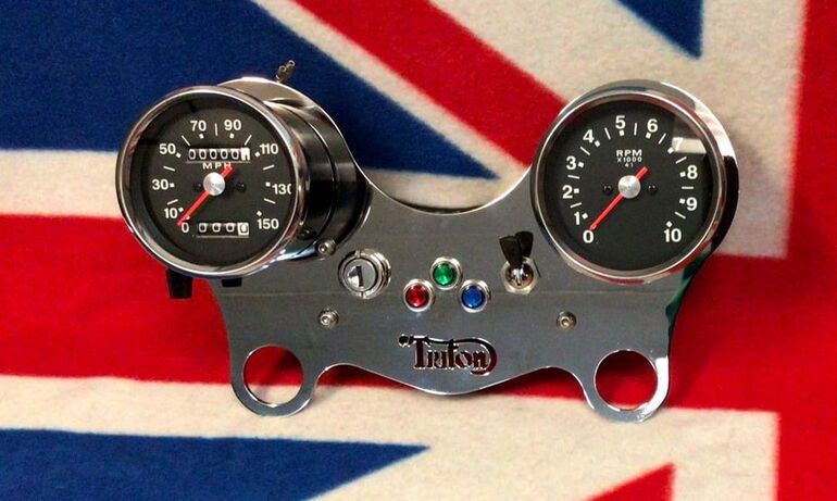 Stainless Triton twin clock carriers with clocks for Norton cafe racers